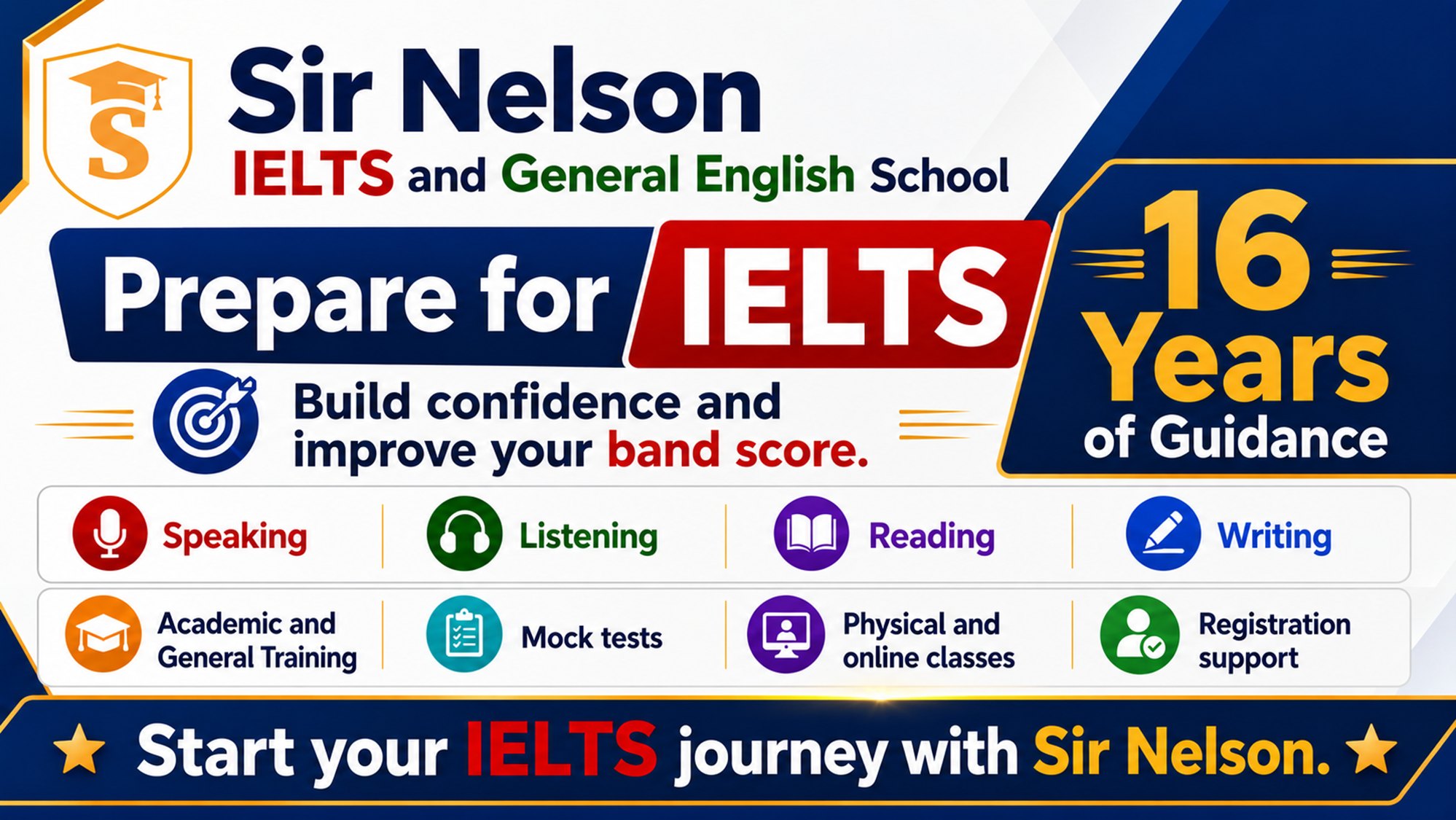 Sir Nelson IELTS poster showing 16 years of guidance, band score improvement, speaking, listening, reading, writing, Academic and General Training, mock tests, physical and online classes, and registration support