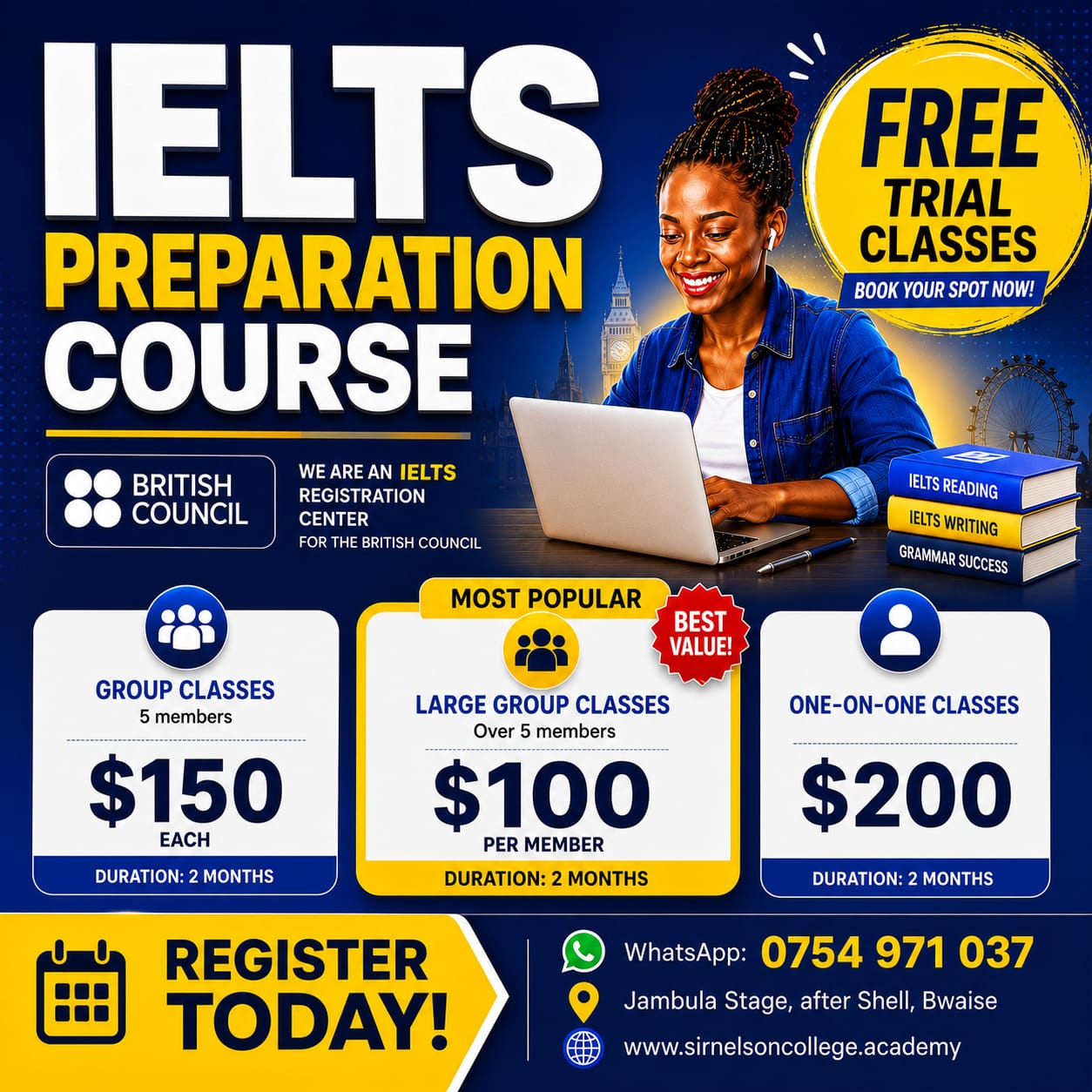 IELTS preparation course flyer showing free trial classes, package prices, WhatsApp number, and Bwaise location